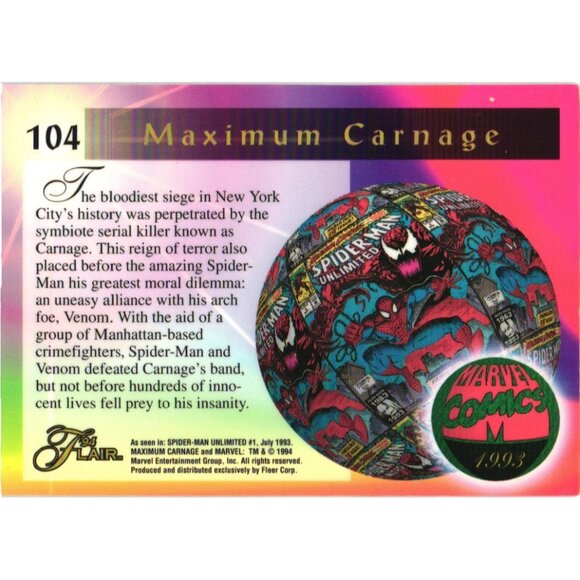 1994 Flair Marvel Annual Maximum Carnage Card #104 - Picture 2 of 2